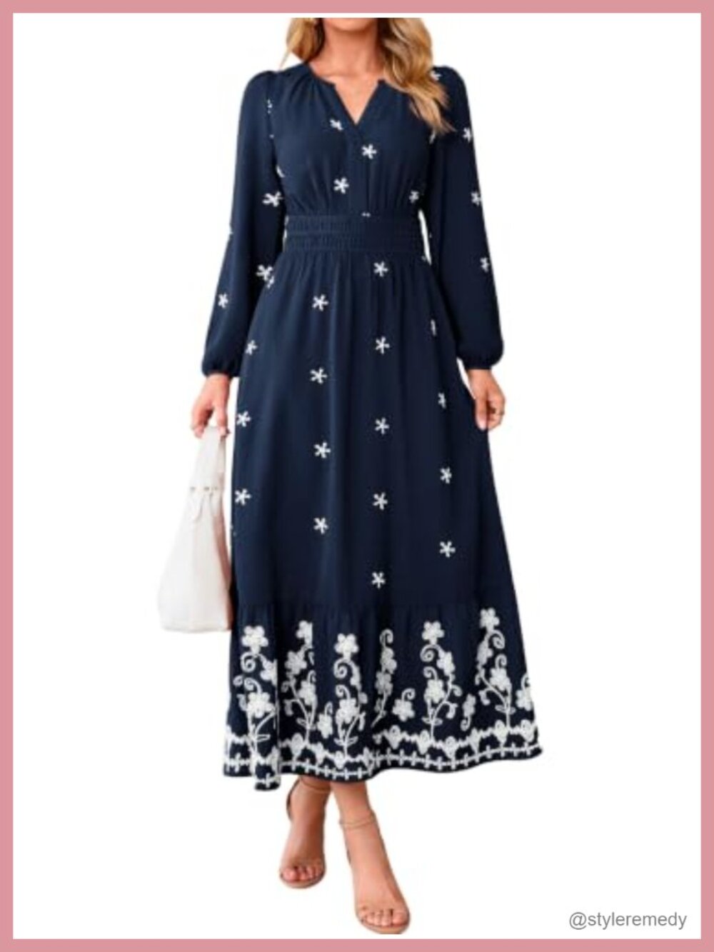 Womens Floral Embroidered Maxi Dress Long Sleeve Smocked Waist Boho